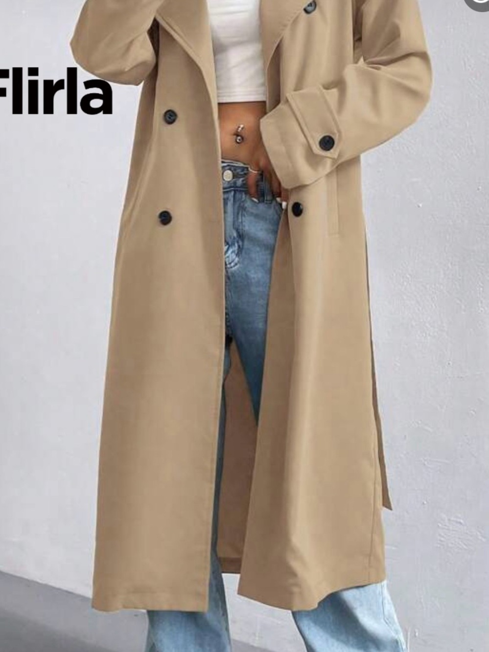SHEIN Tan Double-Breasted Long Pea Coat